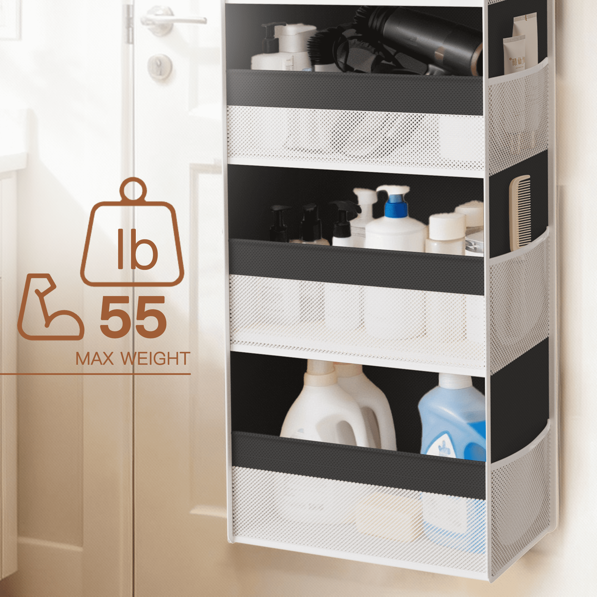 Criusia 6-Shelf Fabric Over the Door Organizer, Thickened non-woven fabric Closet Hanging Storage, 3 Pcs upgrade hooks, 55lbs Capacity, Black