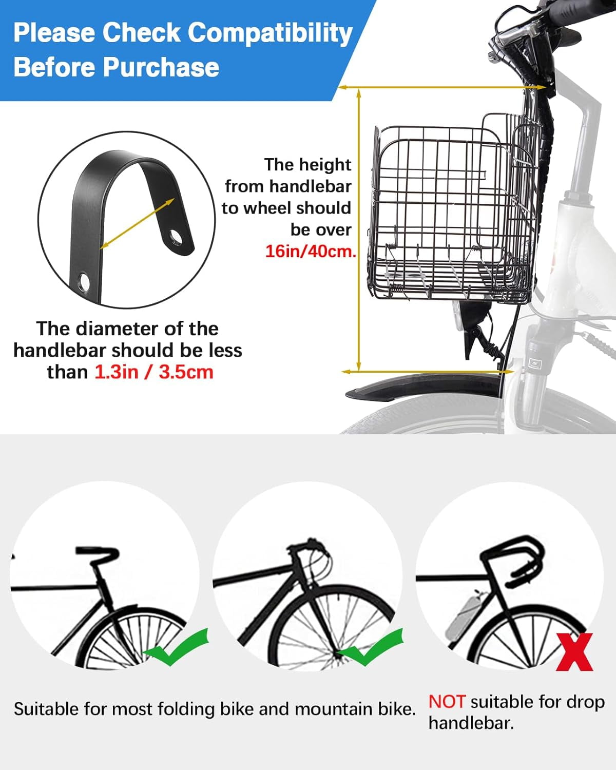 Zacro Bike Basket Front, Folding Bicycle Basket with Removable Liner Bag, Large Quick Release Design Metal bike Basket for Carrying Dogs, Pets, Fruit & Grocery