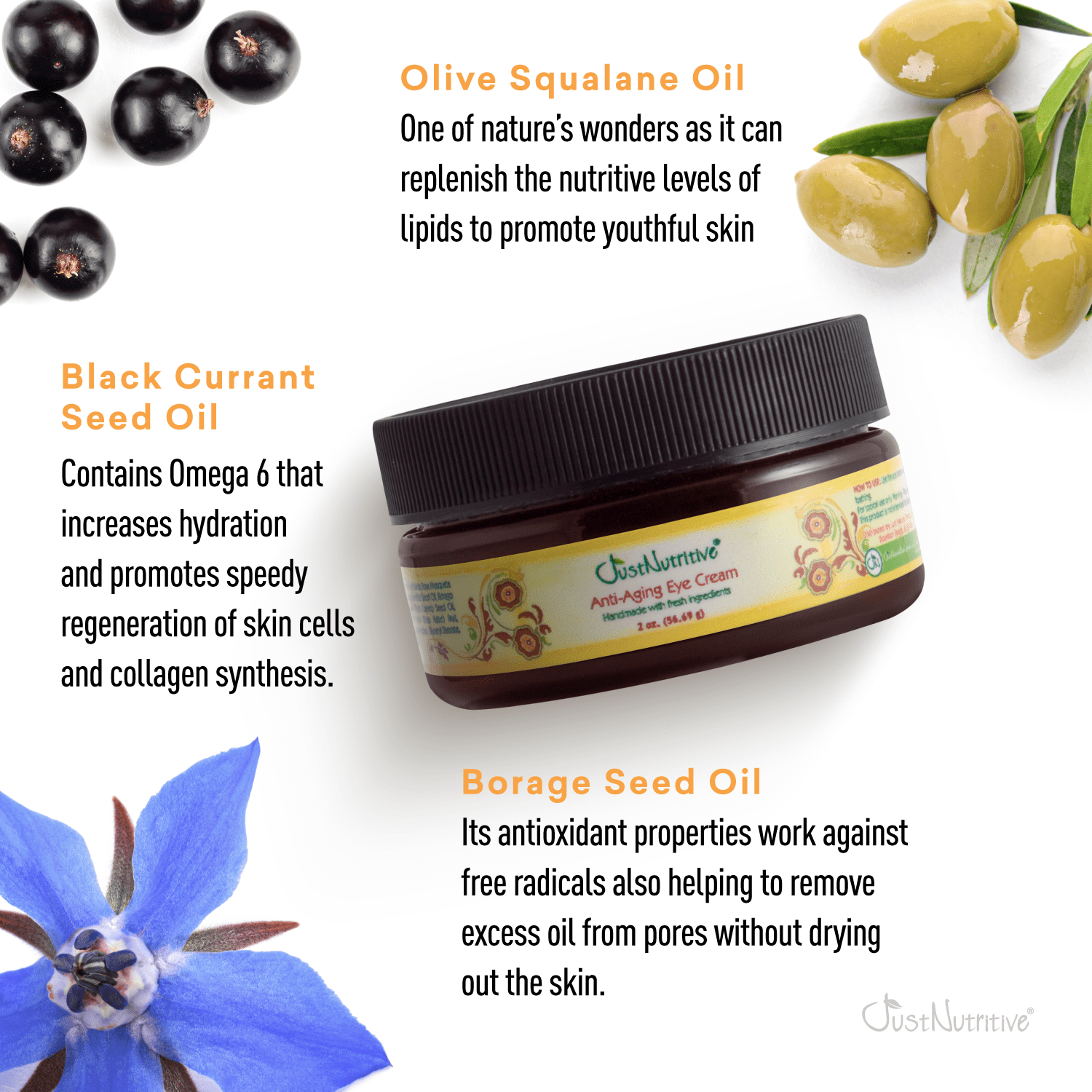Just Nutritive Anti-Aging Eye Cream for Wrinkles, Puffy Eyes, Fine Lines, All Skin Types, 2oz