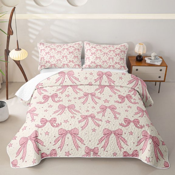 Erosebridal Sketch Star Bow Twin Quilt Set for Girls, Pink Doodle Ribbon Print Twin Coverlet Set, 2 Pieces