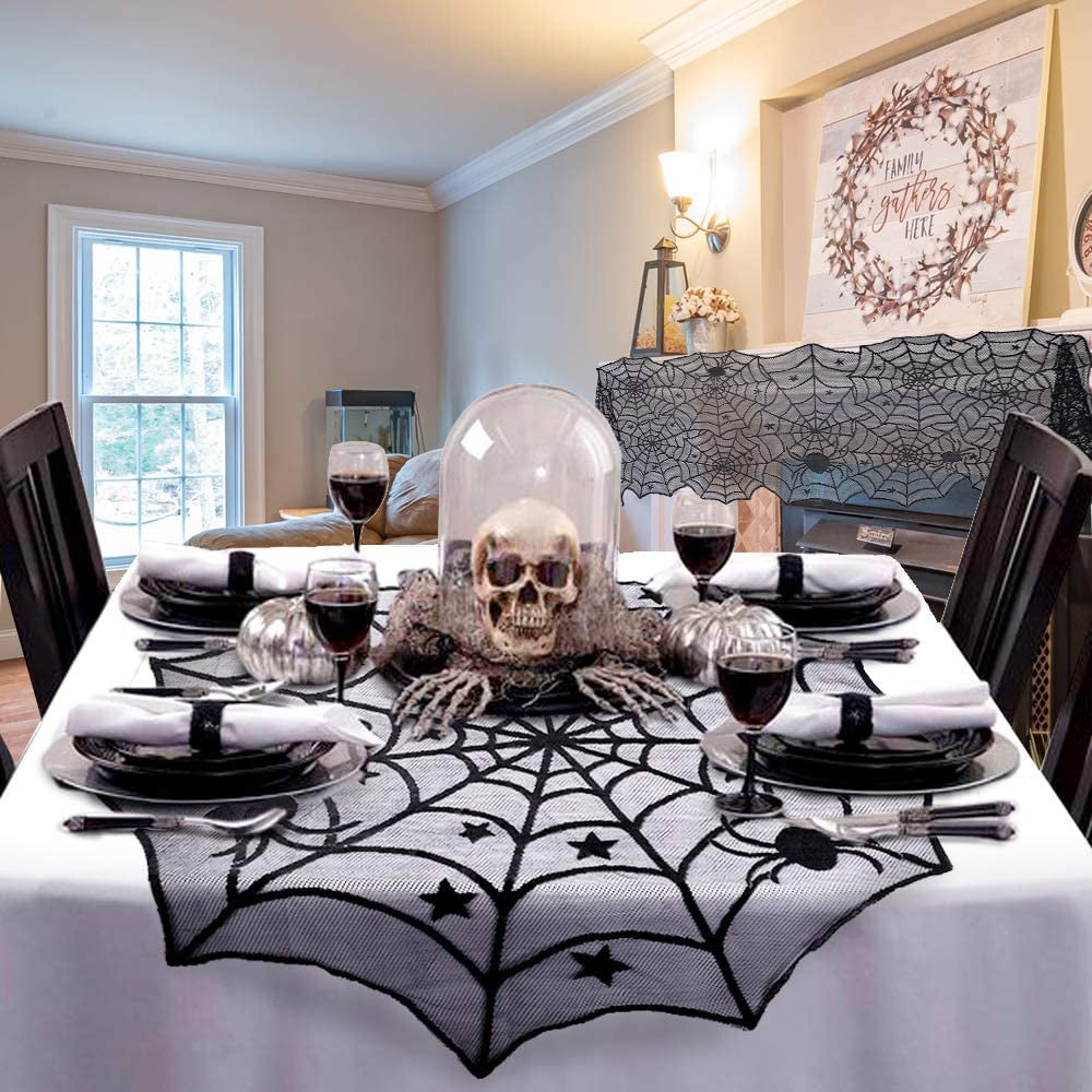 4 Pieces Halloween Decorations Round Lace Table Cover Halloween Lamp Shades and Fireplace Scarf Cover for Party Festival Halloween Tablecloth Spooky Bat Spiderweb Lace Rectangular Tablecloth
