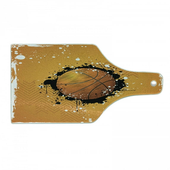 Basketball Cutting Board, Basketball and Paint Splashes on Abstract Grungy Background Sport Theme Print, Tempered Glass Cutting and Serving Board, Wine Bottle Shape, Orange Black, by Ambesonne