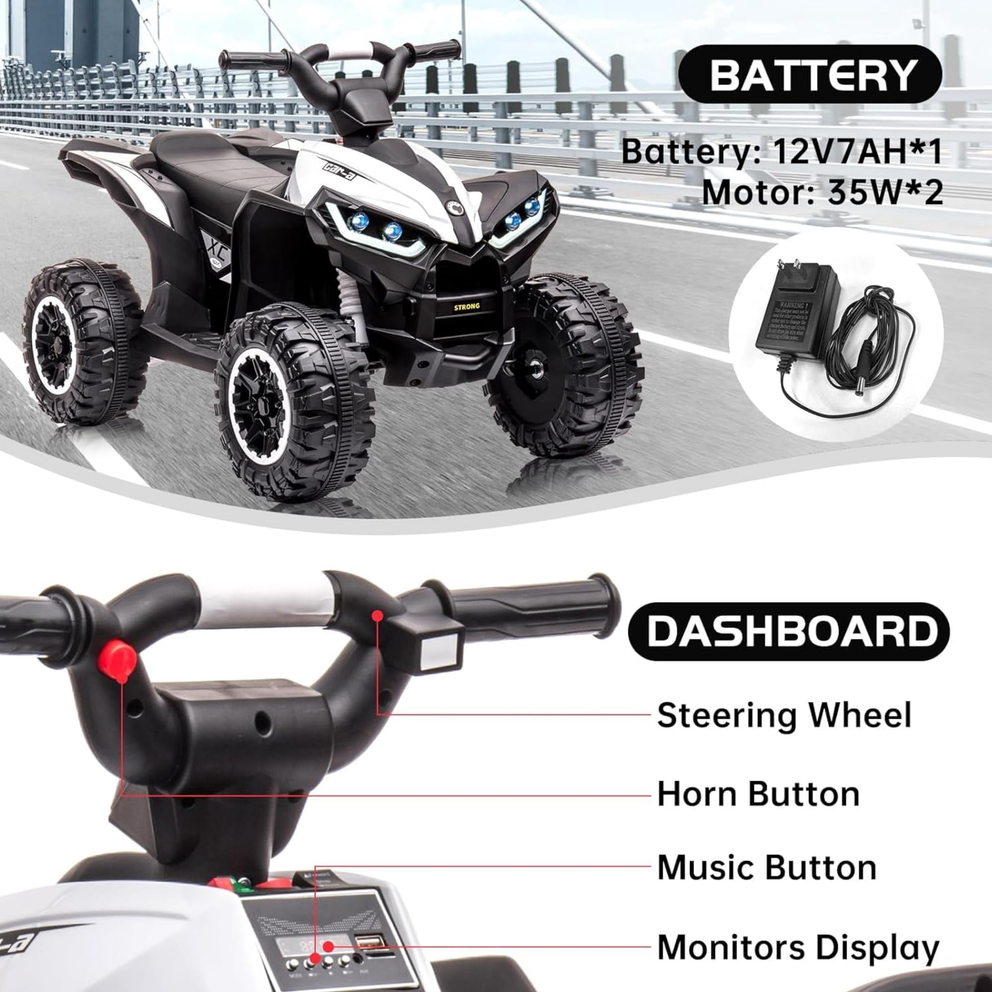 TROPOW Electric Ride On Cars with Remote Control,Kids Ride On ATV 4 Wheeler, Electric Battery-Powered with Remote Control, Music, Horn, Led Lights, USB Port, Treaded Tires