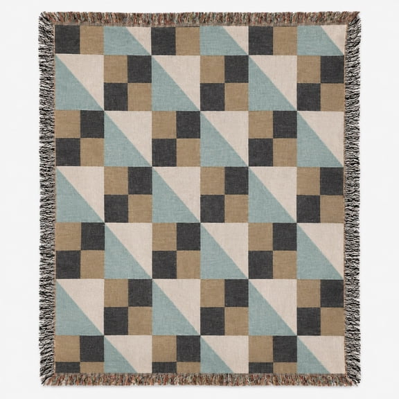 Aqua, Cream, Tan and Black Geometric Patchwork Woven Blanket, 100% Cotton, Modern Style for Sofa or Bed