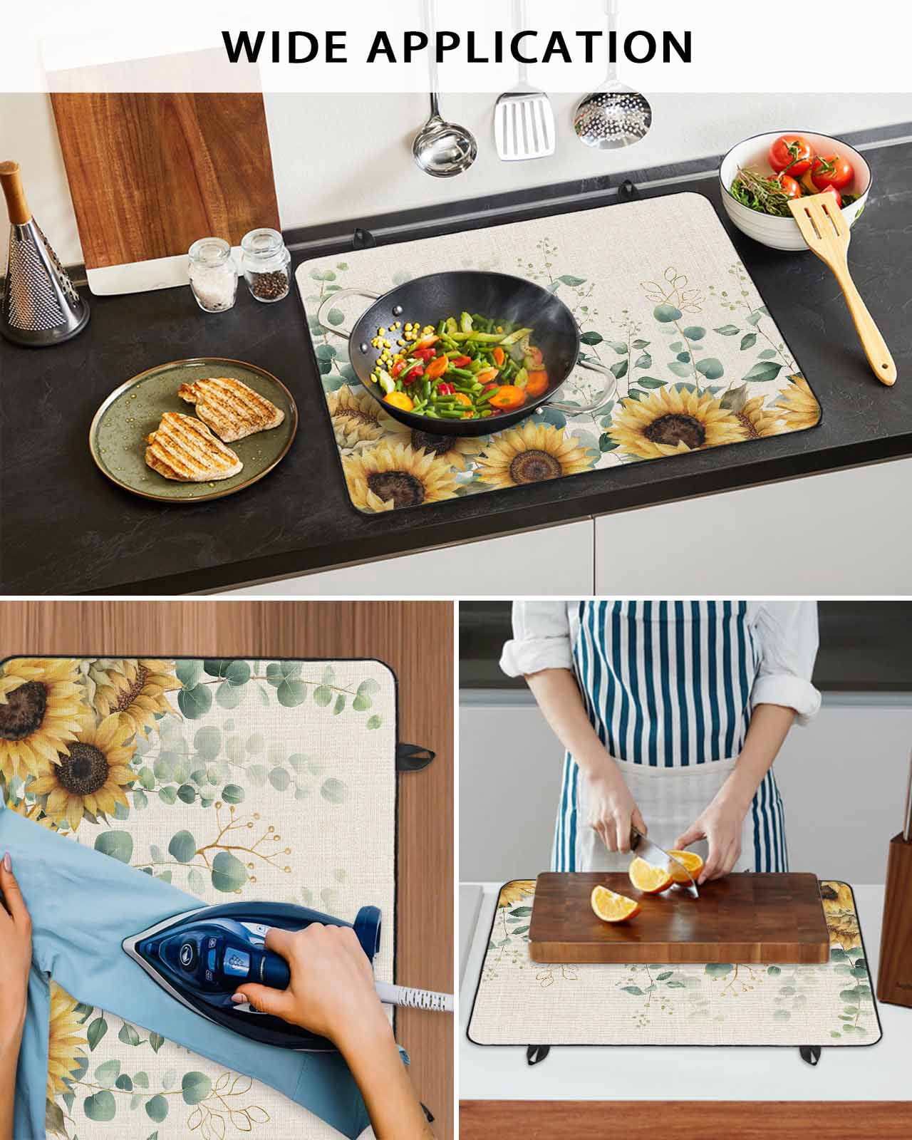 Large Induction Cooktop Protector Mat Sunflower Stove Top Covers for Electric Stove, Yellow Floral Pastoral Botanical Leaves Rustic Decorative Stove Burner Cover Mats, Glass Top Stove Cover