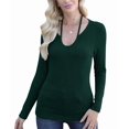 thumbnail image 3 of Womens Fall Clothes Long Sleeve Shirts Halter U Neck Ribbed Knit Slim Fitted Basic Casual Tops Dark Green M, 3 of 9