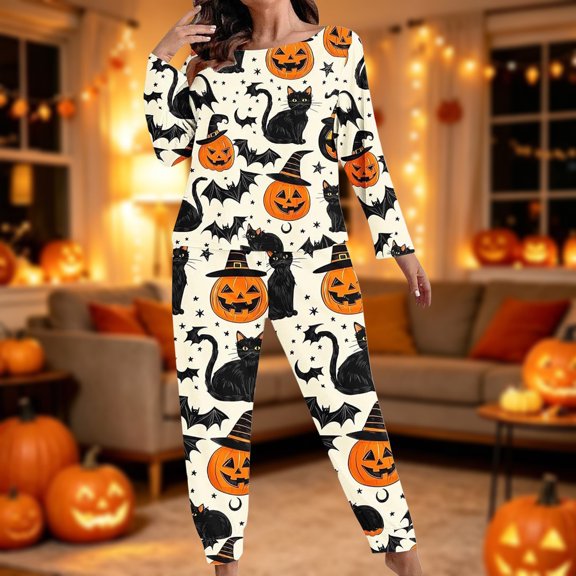 FYDUU Womens Pajama Sets Cute Printed Long Sleeve Top and Pants Loungewear Set Halloween Pajamas for Women Casual Sleepwear Fall Outfits Travel Nightwear