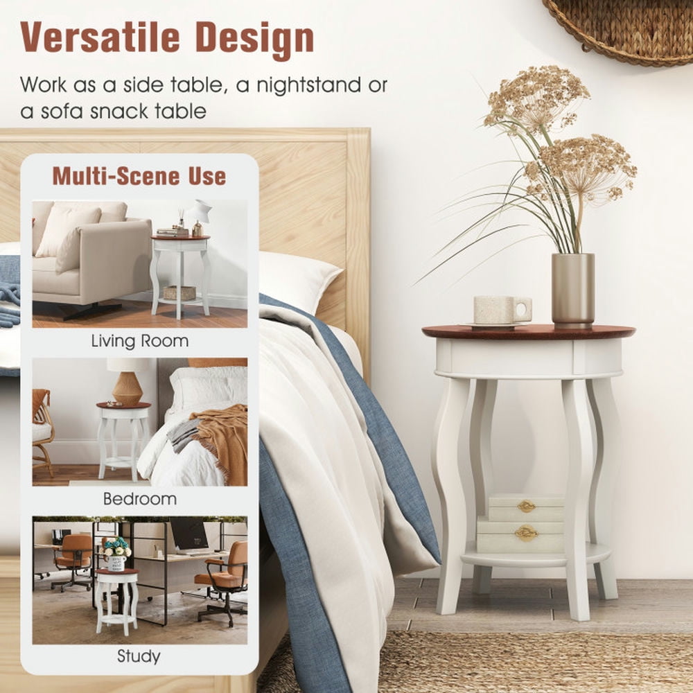 Finihen End Table, Round End Table, 2-Tier Round End Table with Storage Shelf and Solid Rubber Wood Legs, Sofa Side Table, Bed Side Table, for Living Room, Bedroom, Walnut & White Finihen End Table, Round End Table, 2-Tier Round End Table with Storage Shelf and Solid Rubber Wood Legs, Sofa Side Table, Bed Side Table, for Living Room, Bedroom, Walnut & White