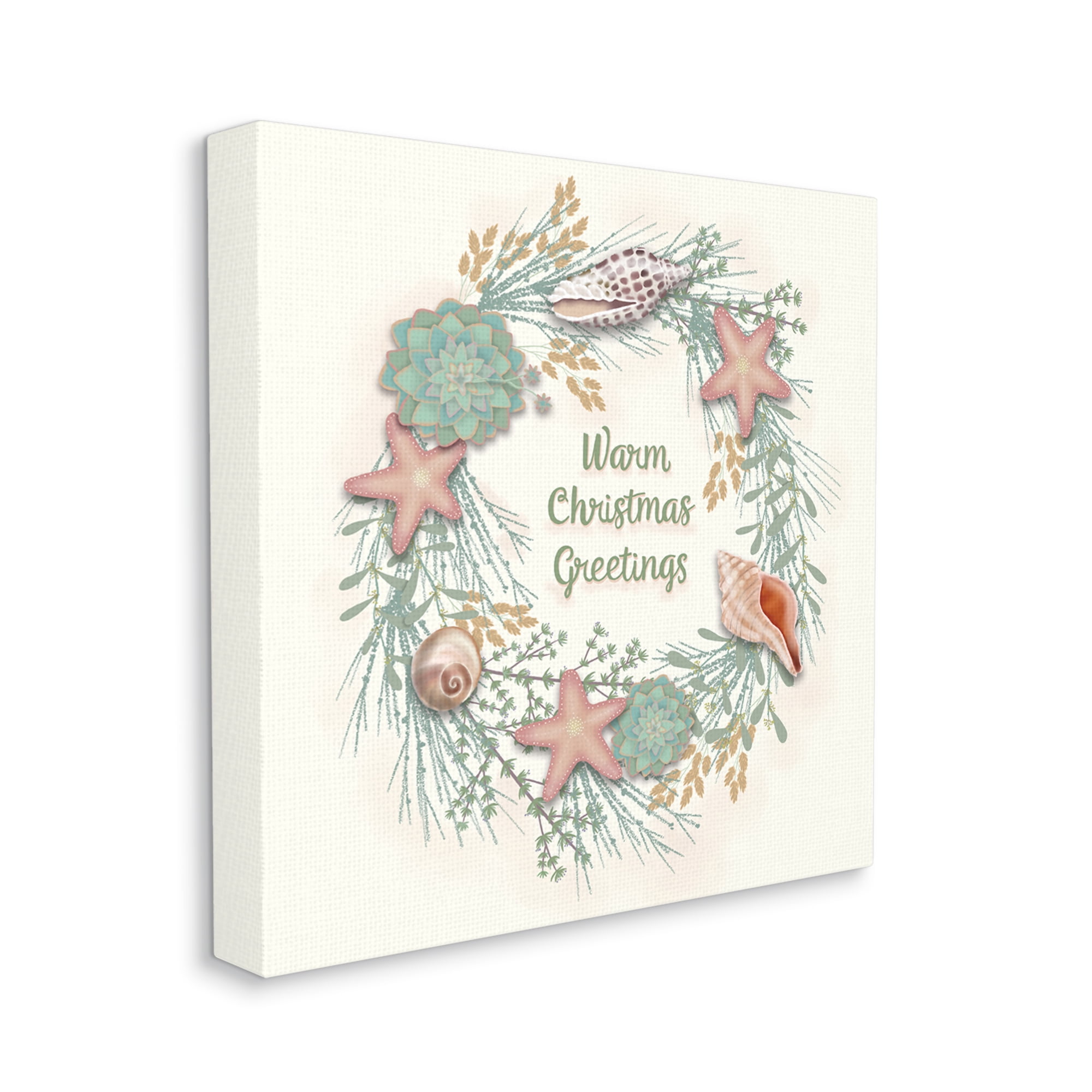 Warm Christmas Greetings Beach Shells Themed Wreath Coastal Graphic Art Gallery-Wrapped Canvas Print Wall Art