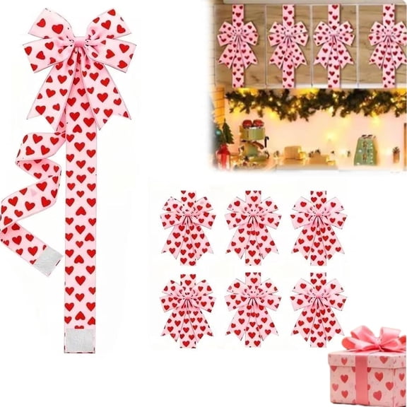 Valentine's Day Pink Heart Large Bow Decoration, Valentines Day Cabinet Decor, Pink Bows for Cabinets,for Cupboard Door Decorations Indoor(6Pcs)
