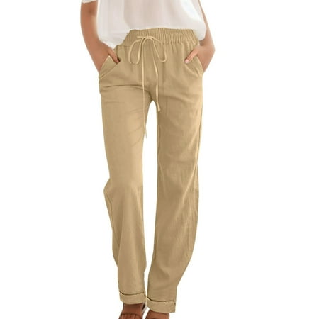 Women s Plus Cotton Panties for Women Plus Size Womens Linen Pants with Pockets Plus Women High Waisted Wide Leg Pants Casual Drawstring Elastic Trousers Comfy Straight Leg Long Pants with Pockets