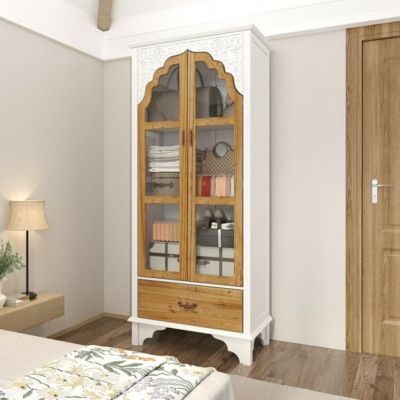 WIAWG Carved Storage Cabinet with 2 Glass Doors & Drawer, Pooja Mandir with 3-Tier Shelves, Decorative Cabinet Display Cabinets for Living Room White and Walnut,70.9”H