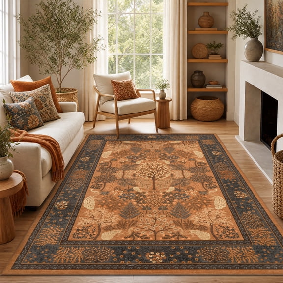 ZACOO 9'x12' Area Rug, Floral & Decorative Animal Printed Machine Washable Ultra Thin Non Slip Carpet for Living Room Dining Room, Orange