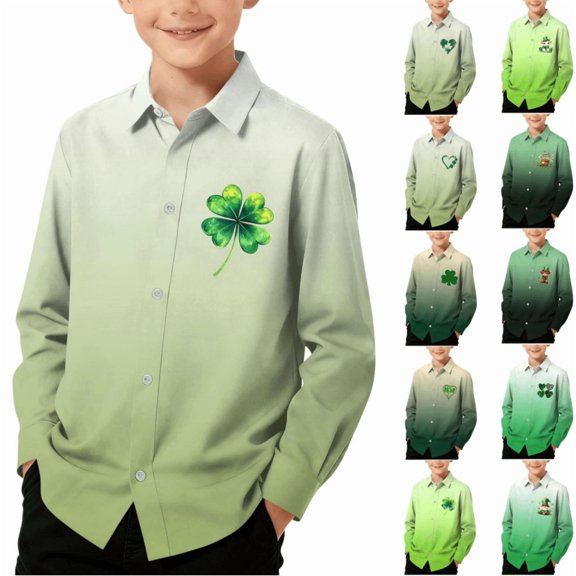 Xcmzpl Kid Boys St Patrick's Day Button Down Dress Shirts Long Sleeve Collared Sport Shirt Casual Gradient Tee Shirts 3-16 Years