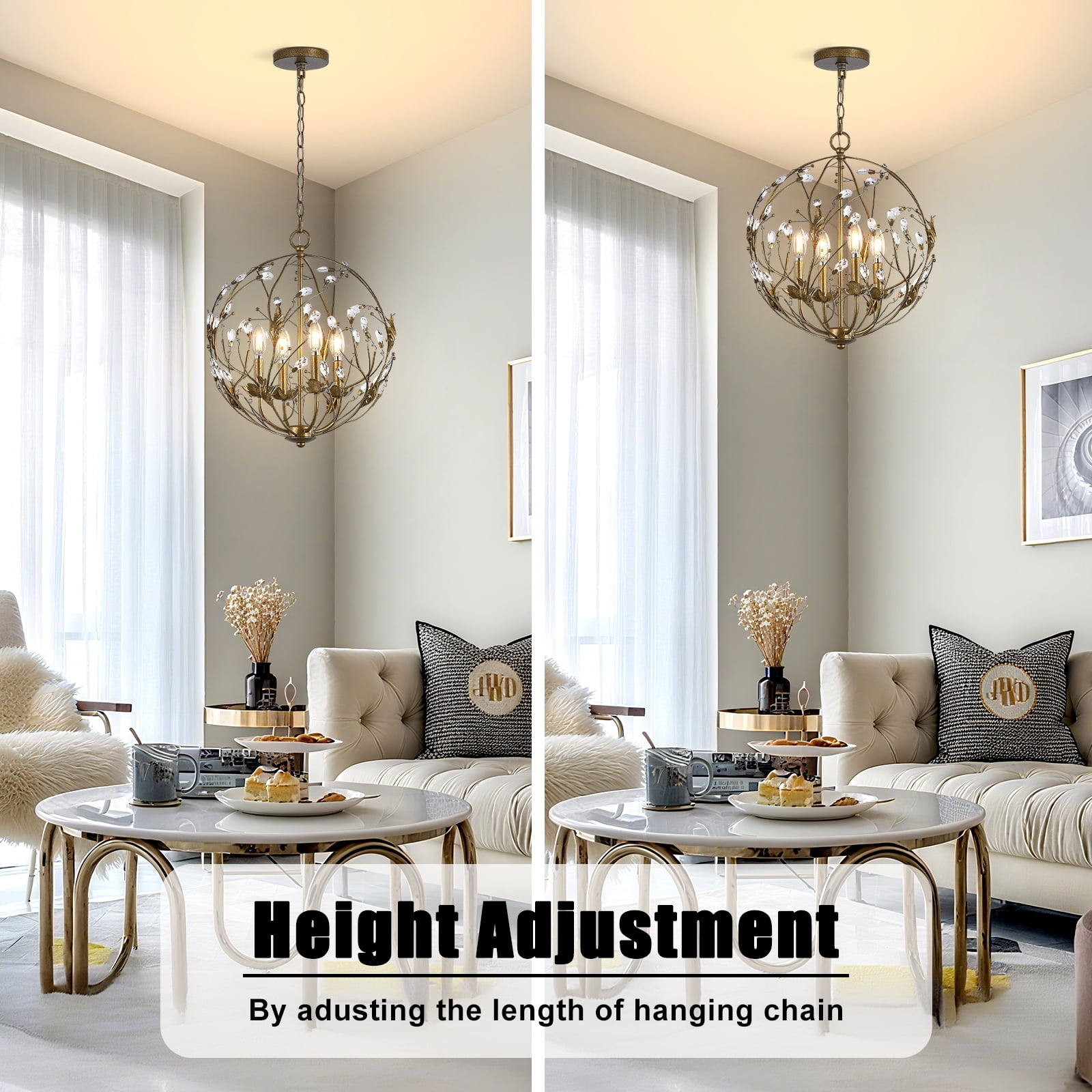 NATYSWAN Crystal Chandelier Ceiling Light with 4 Lights (Bulbs Not Included), E12 Base Max 60W Each, USB-A & USB-C Charging Ports, 60 Inch Chain, for Indoor Dining Room, Foyer, Kitchen