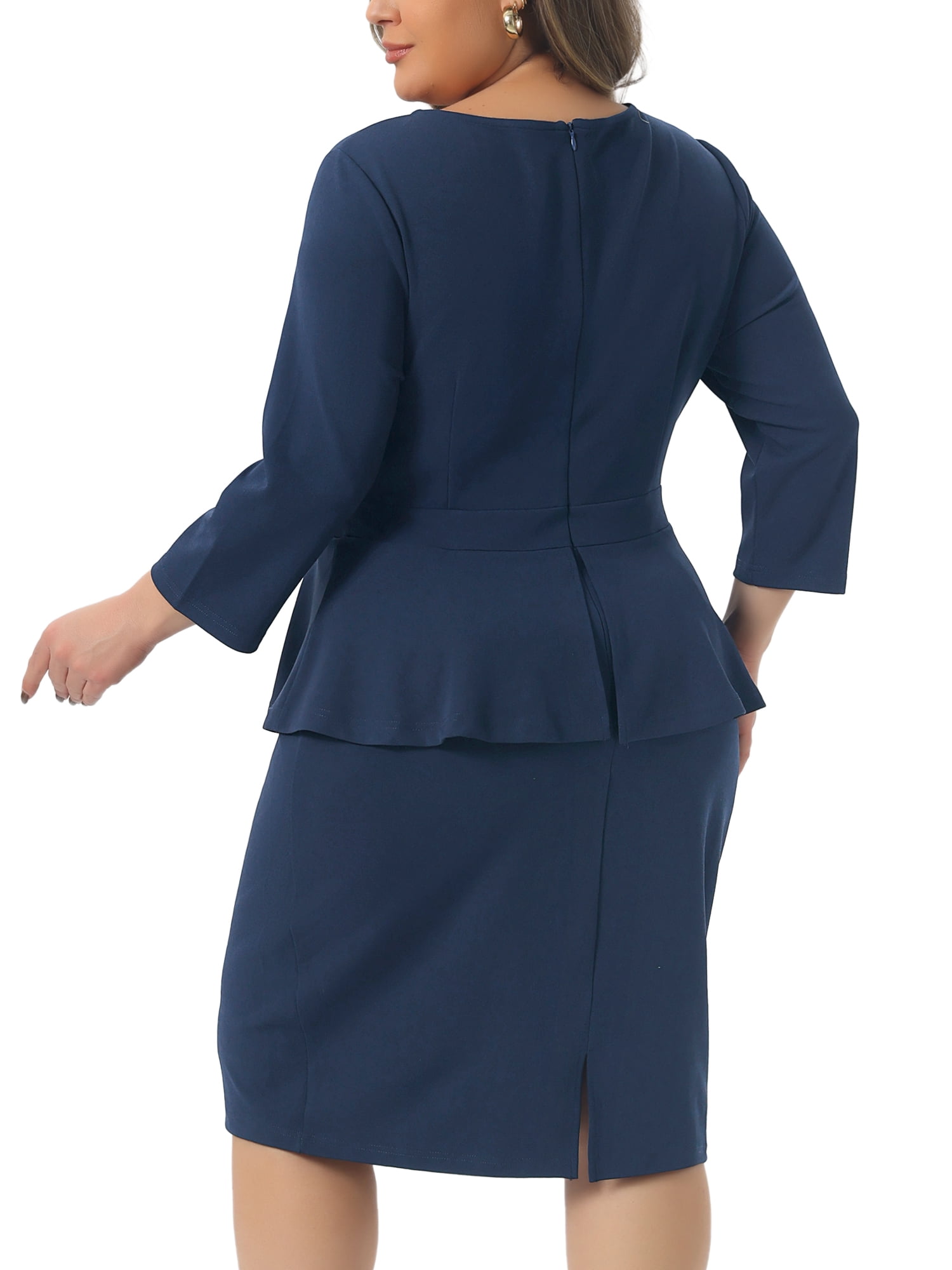 DARING DIVA Women's Plus Size Peplum Pencil 3/4 Sleeve Flared Sheath Dress 3X Navy Blue