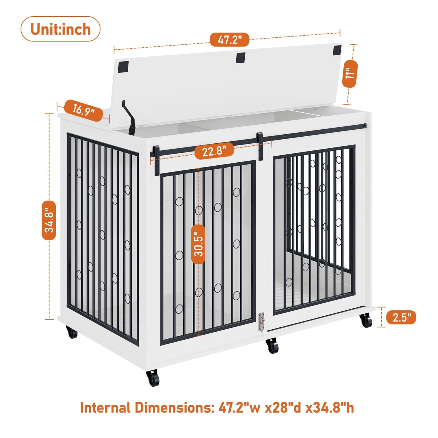 Mulinsonfly 47" Wooden Dog Crate Furniture with Sliding Barn Door, Flip-Top Lid, Lockable Wheels & Removable Divider, Indoor Dog Kennel Table for Small, Medium, Large Breeds