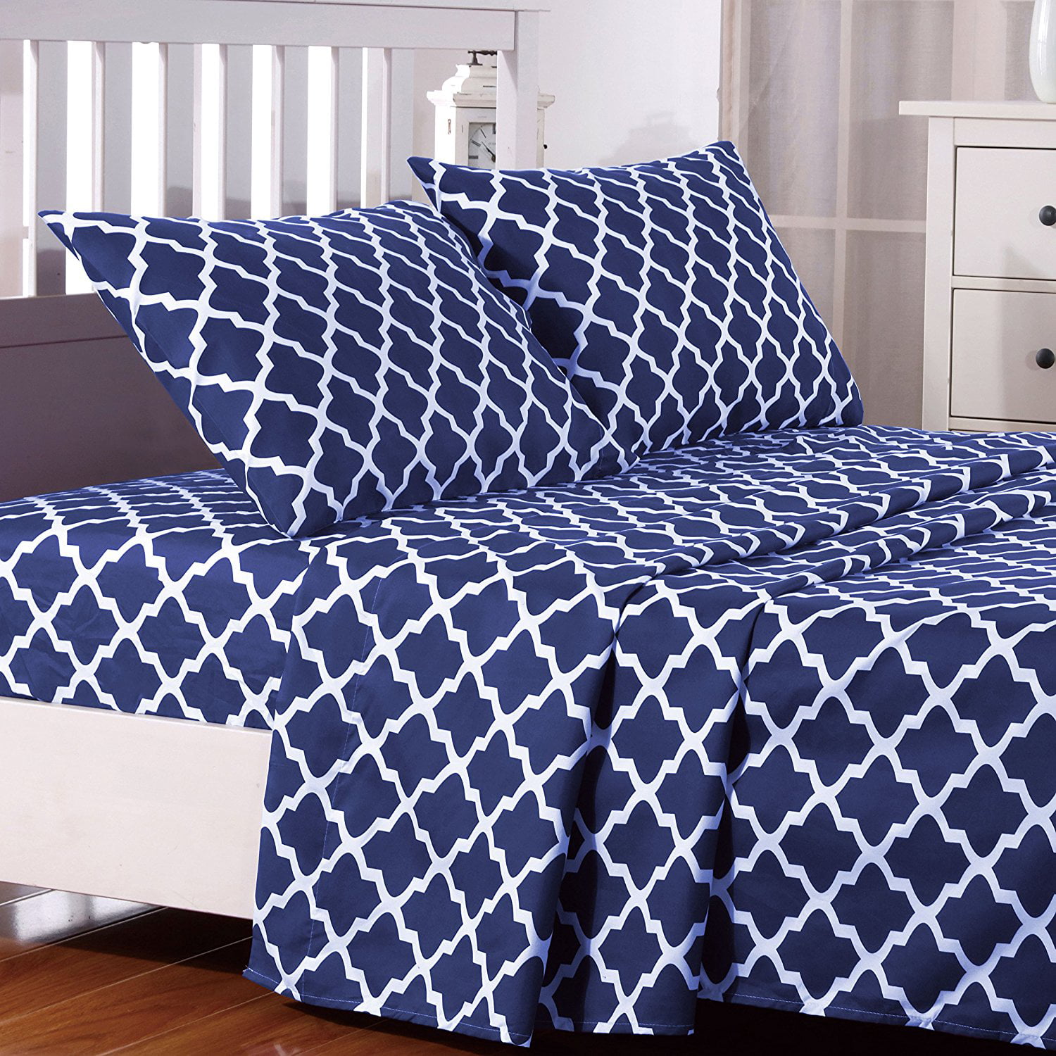 Lux Decor Collection Quatrefoil Bed Sheet Set Queen Navy Blue 4 Piece Deep Pocket 1800