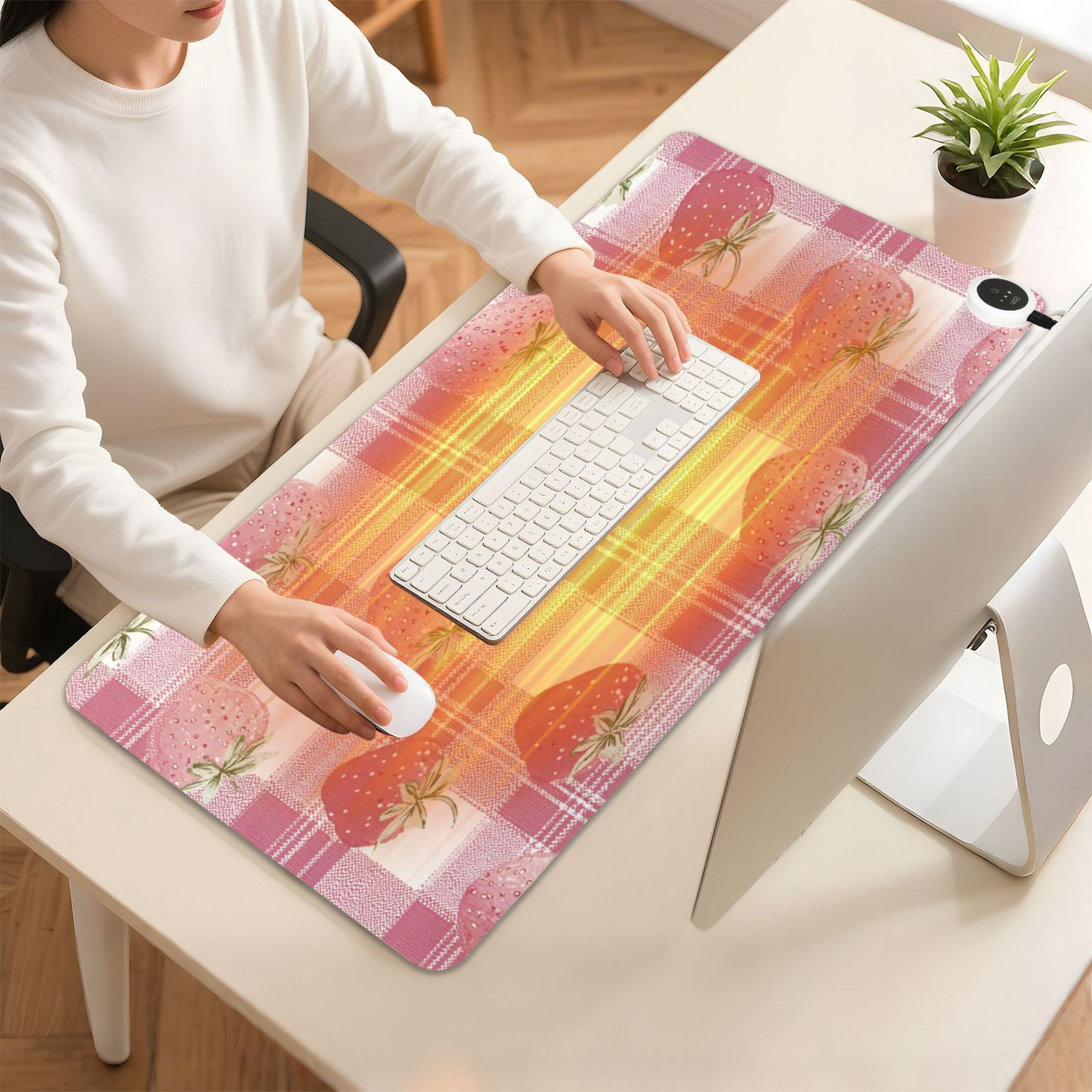 Large Heated Desk Mat Mouse Pad 31.5"x13"PU Leather Graphene Heating Desk Warmer with 3 Temperature Settings 110V US Plug Non-Slip Warm Pad for Home, Office, and Gaming Pink Strawberry Plaid Print