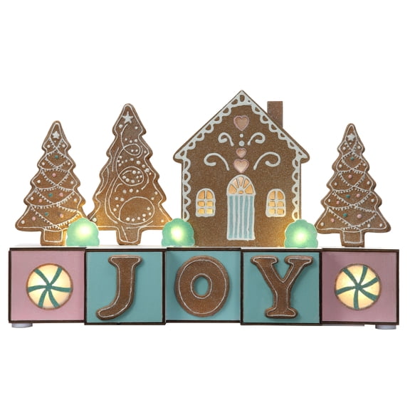 Haute Decor JOY Blocks with Gingerbread House and Trees, LED Lights, 15 Inches Long