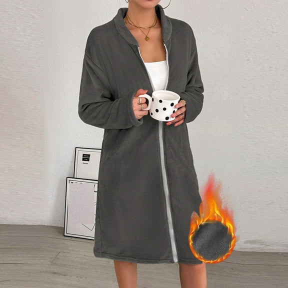 Women's Robe Long Sleeve Fleece Crewneck Zip Up Solid Knee Length Nightgown Home Wear Gray XL
