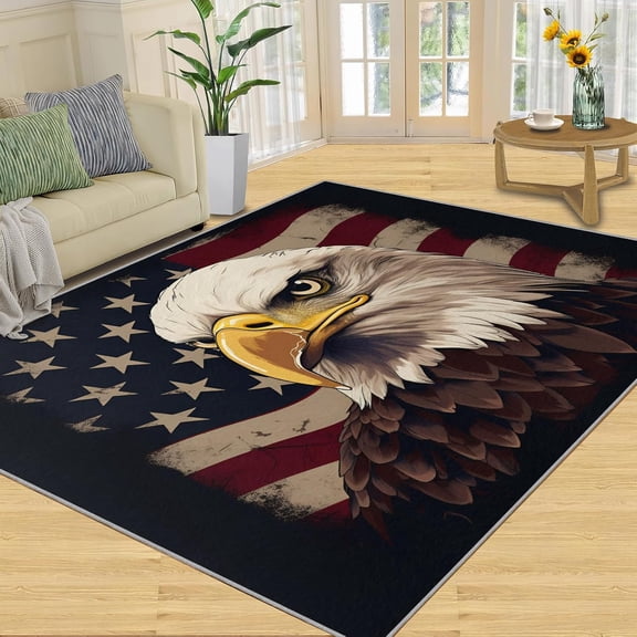 Bald Eagle Rug, Star Stripe Flag Area Rug - Non-Slip Washable Rugs for Living Room, Vintage Outdoor Carpet for Patio - Memorial Day Decor 2x3ft