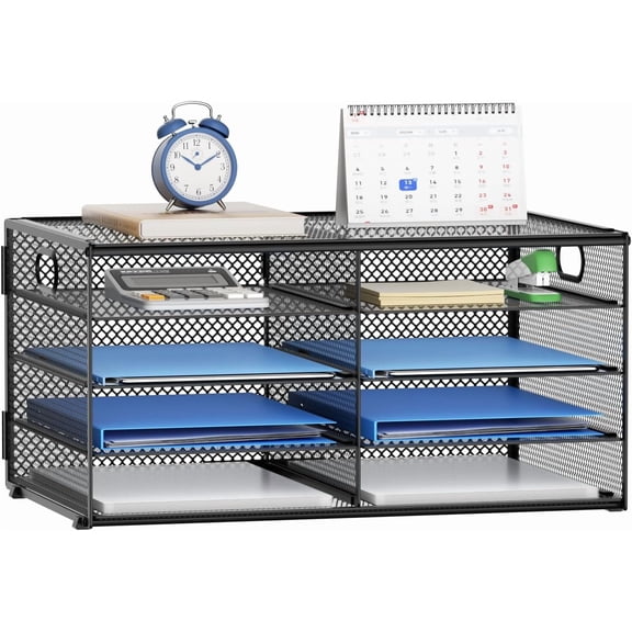 8 Compartments Paper Organizer for Desk, Mesh Literature Organizer, Mail File Sorter Tray with Handle, Desktop Mailbox for Office Classroom Home, Black