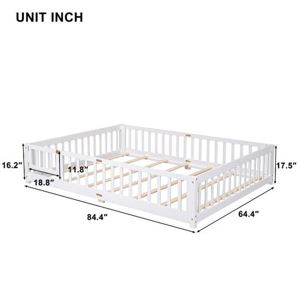 Queen Floor Bed for Kids, Sturdy Wood Montessori Bed Frame with Wood Slats, Fence & Door, Montessori Floor Bed for Girls and Boys, White (with Bed Slats)