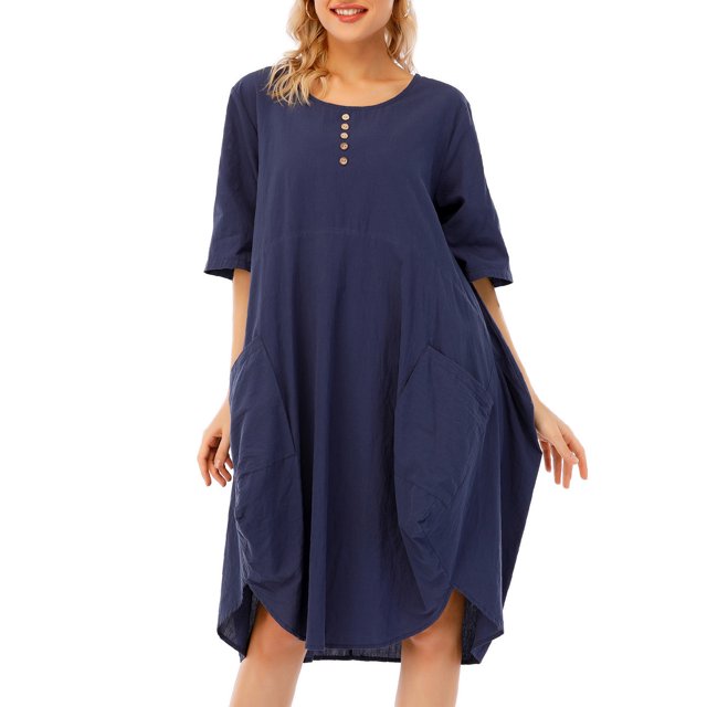Vestido de túnica de mujer enrollado de manga corta cómodos bolsillos de algodón dobladillo irr CACAGOO Vestido de túnica de mujer