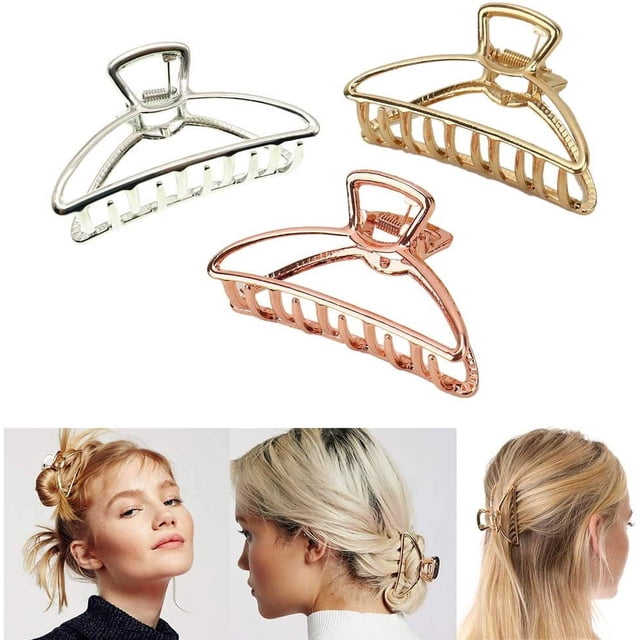 Paquete de 3 pinzas de metal huecas grandes, pinzas antideslizantes para el cabello, pasador para fijar el cabello (plata + oro + oro rosa)
