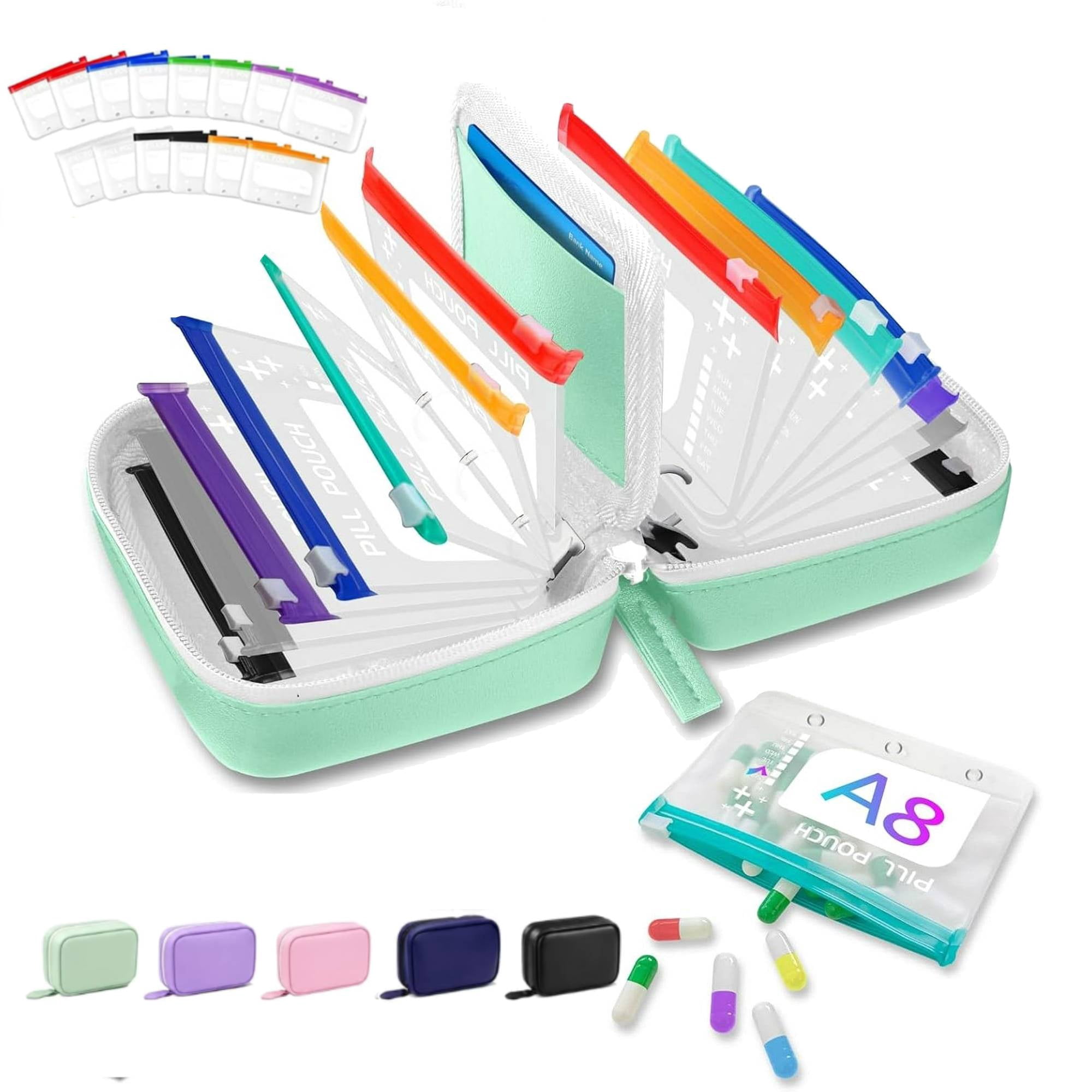 Waterproof Pill Pouch Set – 14-Piece A8 Pill Organizer, 7 to 14 Days Medication Storage, Crush-Resistant Travel Case (Green)