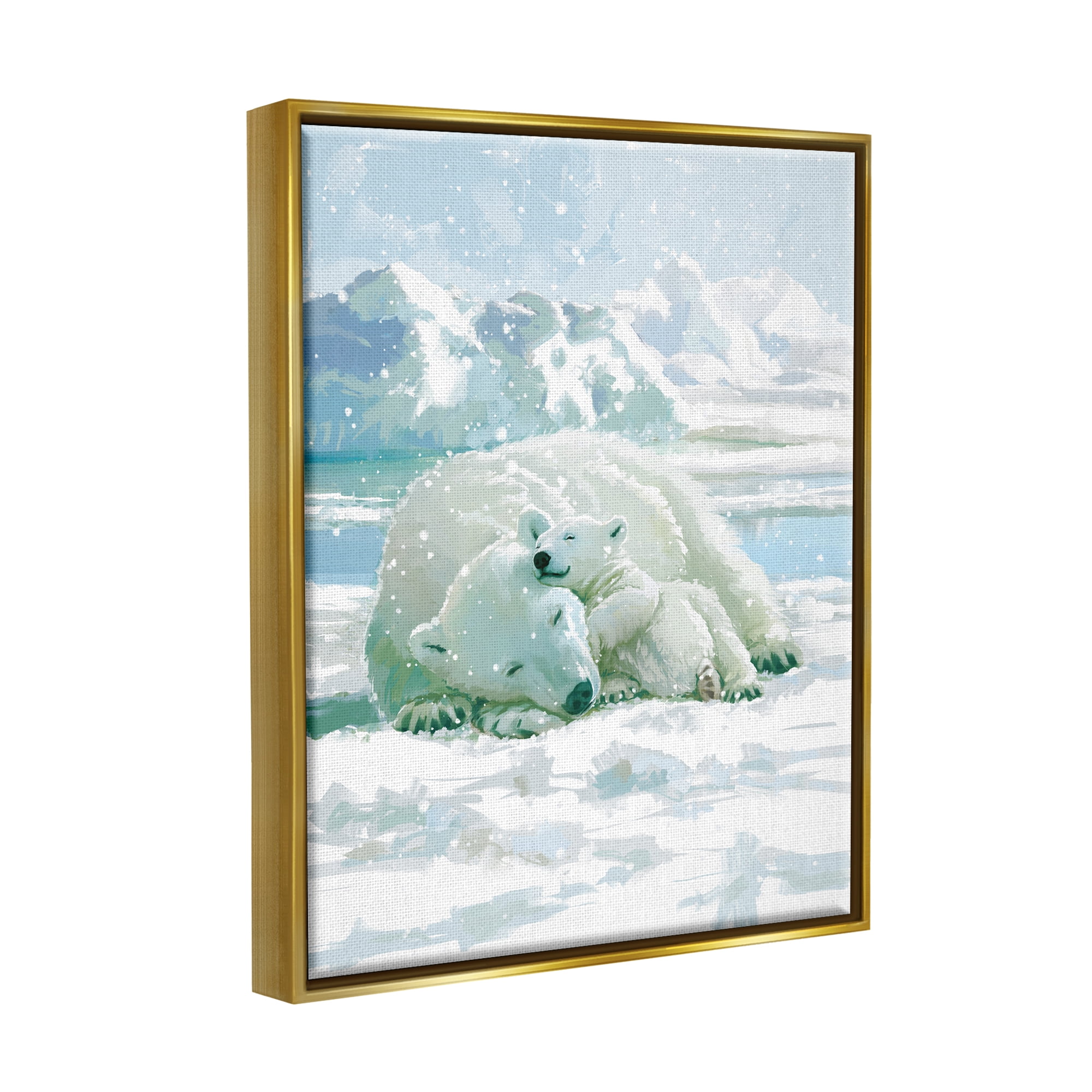 Stupell Industries Polar Bears Cuddling Snowy Scene Animals & Insects Painting Gold Floater Framed Art Print Wall Art