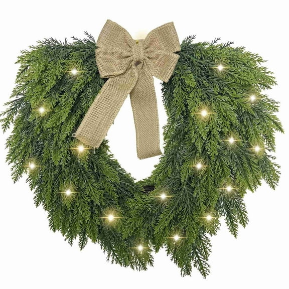 Pre-Lit Christmas Wreath -20 Inch Real Touch Norfolk Pine Wreath for Front Door, Lighted Christmas Wreath with Lights, Xmas Wreath for Home Table Wall Window Indoor Outdoor Christmas Decoration