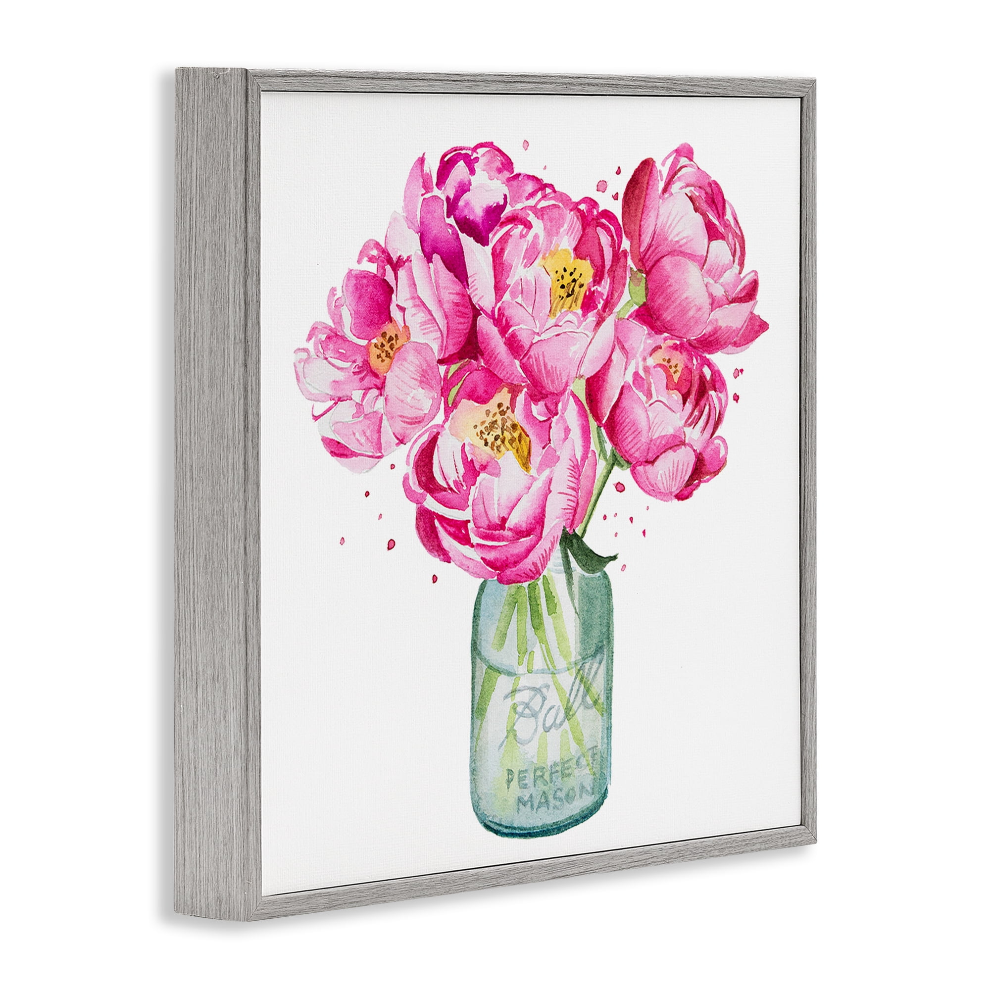 Stupell Industries Pink Peony Jar Botanical & Floral Painting Gray Framed Art Print Wall Art, 12 x 12