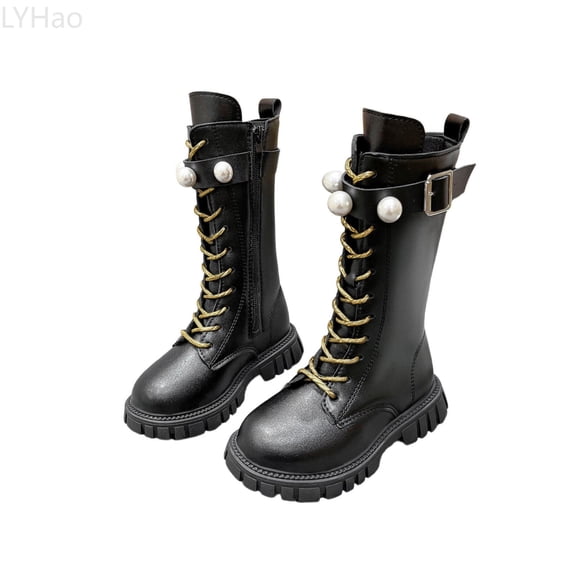 LYHao Winter Autumn Girls Fashion Boots With Pearl Buckle And Golden Laces High Top Footwear For Toddler Kids Youth ,Girls Boots Sizes 10.5 Black(4-4.5 Years)