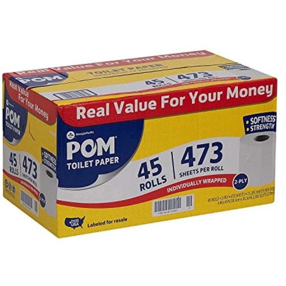 POM Bath Tissue, 2-Ply, White, 473 Sheets/Roll, 45 Rolls/Carton (23.5 x 13.5 x 12.5 inches)