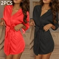 thumbnail image 2 of 2 Pack Women's Silk Robes Nightgowns V Neck Lace Nightwear 3/4 Sleeve Sleepwear Soft Comfortable Loungewear, 2 of 8