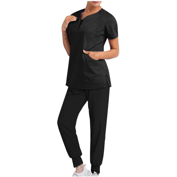Women Workwear Uniform Sets Solid Long Pants Multiple Pockets Short Sleeve Zipper V-Neck Shirts 2 Peice Suits