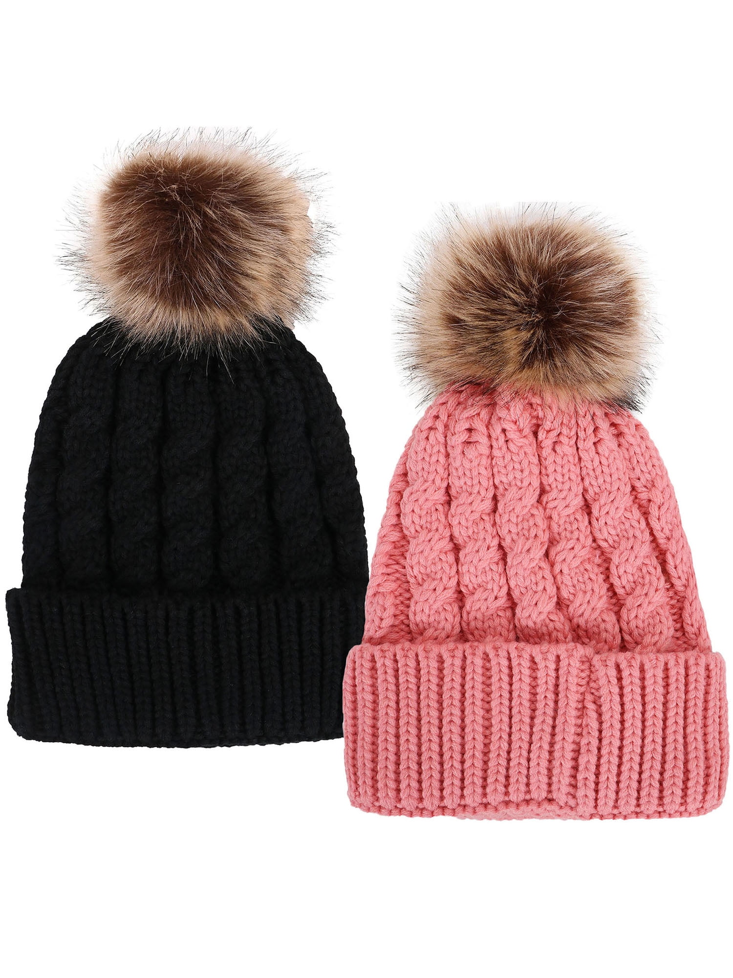 Hand Knit Faux Fur Pompoms Beanie 