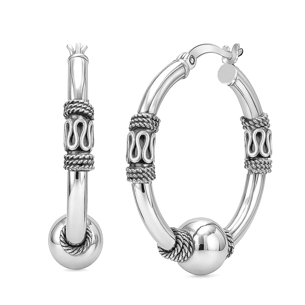 LeCalla 925 Sterling Silver Hypoallergenic Light-Weight Oxidized Click Top Balinese Hoop Earrings for Women and Teen 30MM