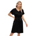 thumbnail image 4 of Xmarks Women's Flare Short Sleeve Sleepwear Button Down Shirt Dress Sexy Satin Sleepshirts MidiI Dress Ladies Pajamas Dress with Belt Black US 6-14, 4 of 9