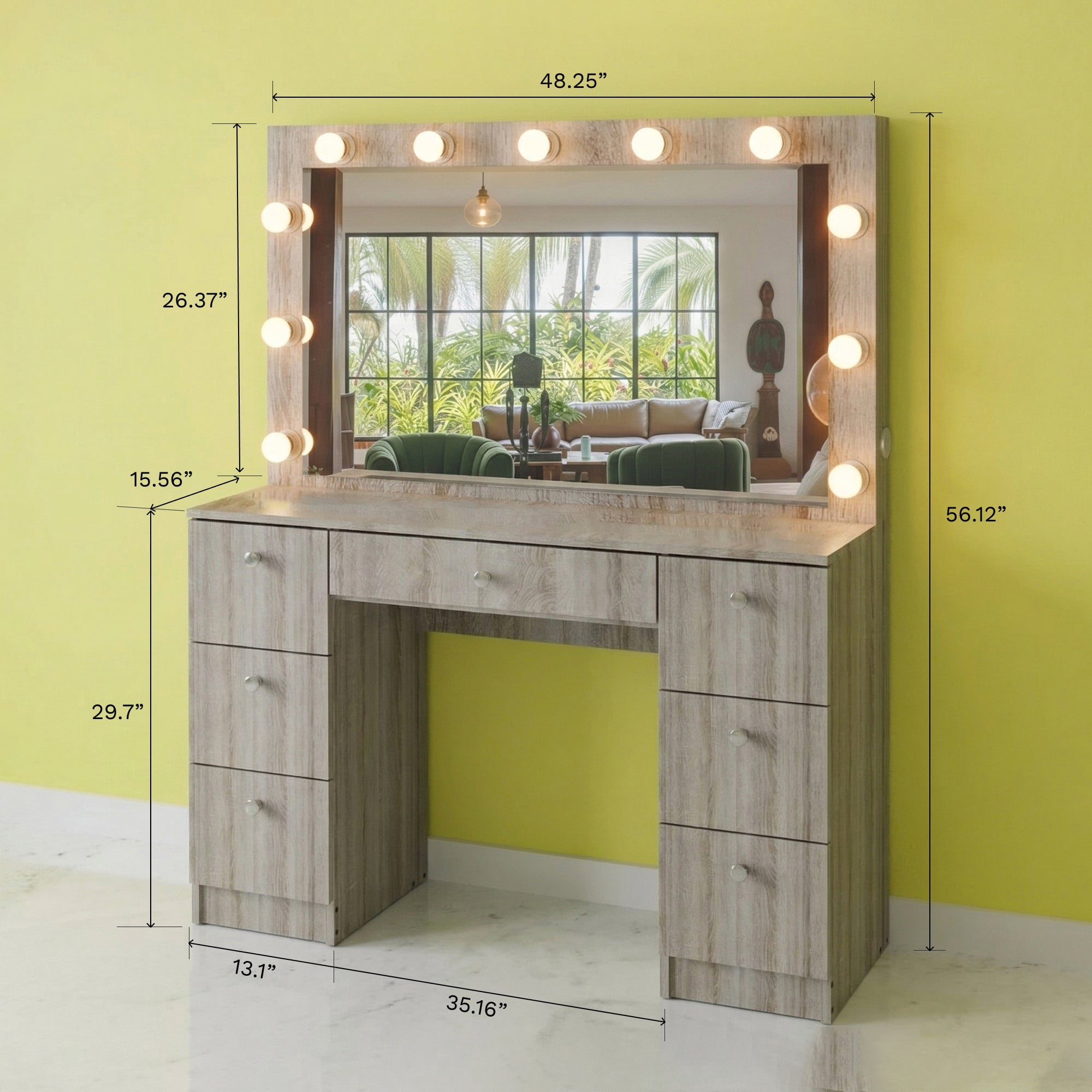 Boahaus Freya Vanity Desk with Mirror Lights and Power Outlet - 7 Drawer Makeup Table