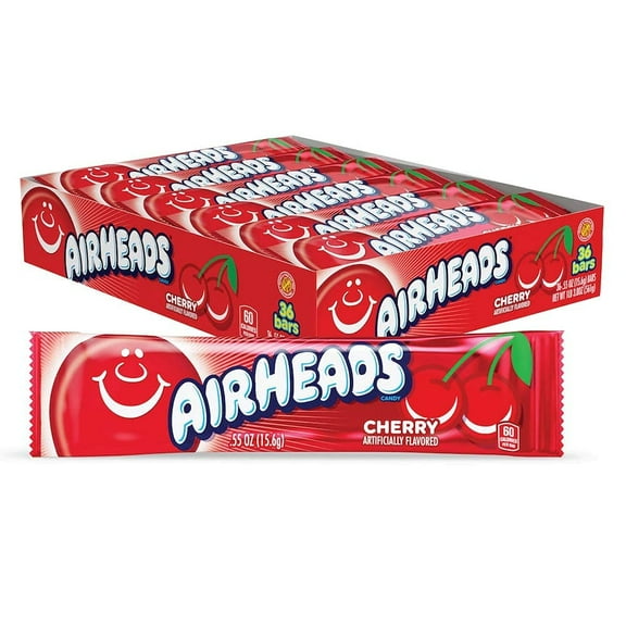 Airheads Candy Individually Wrapped Bars, Cherry, 0.55 Ounce (Bulk Pack of 36)