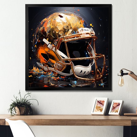 Designart "American Football Helmet in Gold" Sports Framed Wall Art Decor - Modern Gold Sport Football Entryway Framed Wall Art Print