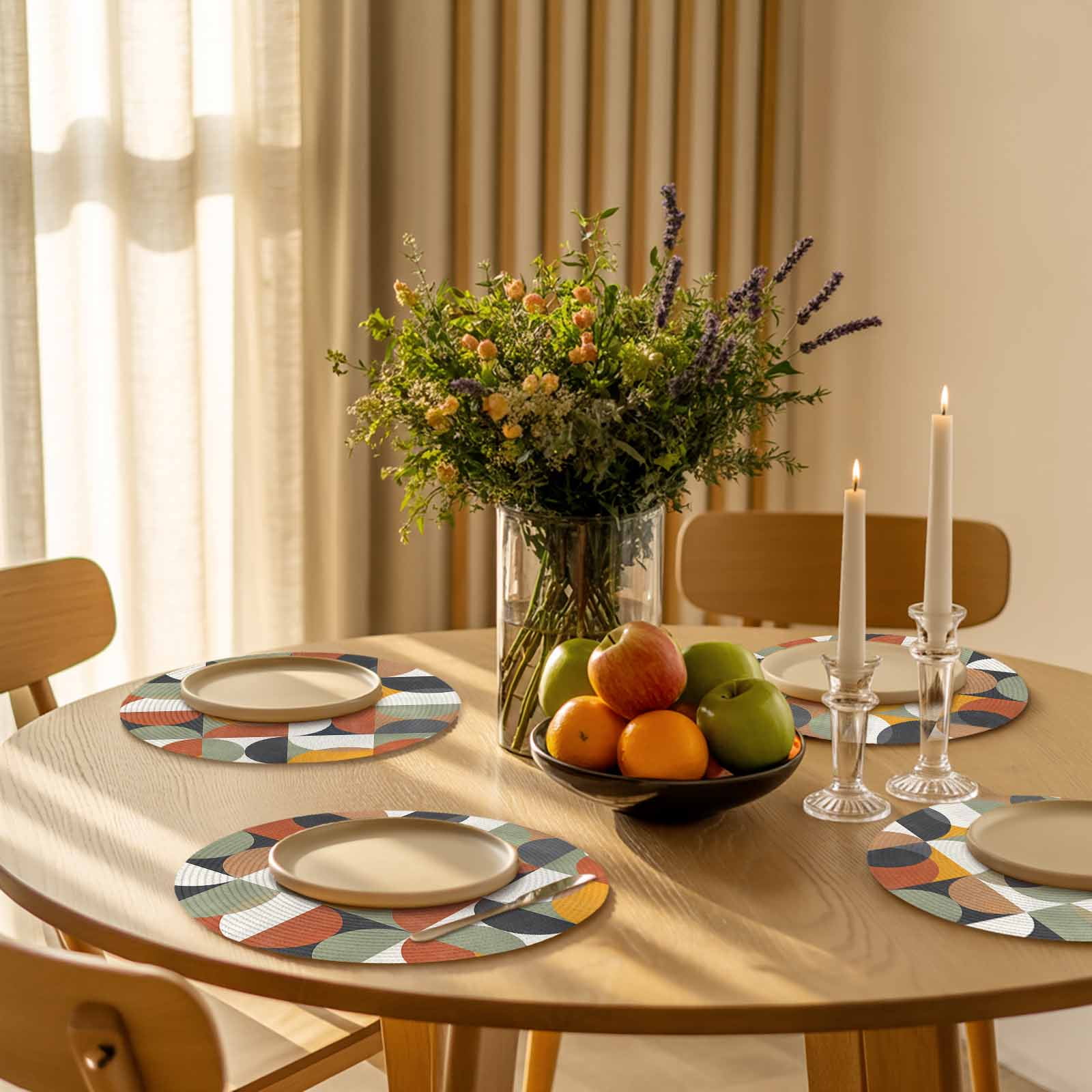 Mid-century Modern Round Table Placemats set of 4, Vintage Color Abstract Geometric Pattern Washable Woven Place Mats for Dining Tables Kitchen Party Decor,Heat Proof, 13in,