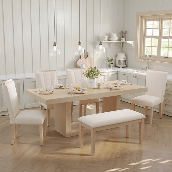 Euroco 6-Piece Dining Table Set for 6, 78" Extendable Pedestal Kitchen Table with 4 Upholstered Dining Chairs & 1 Bench, Wooden Dining Room Furniture Set for Home