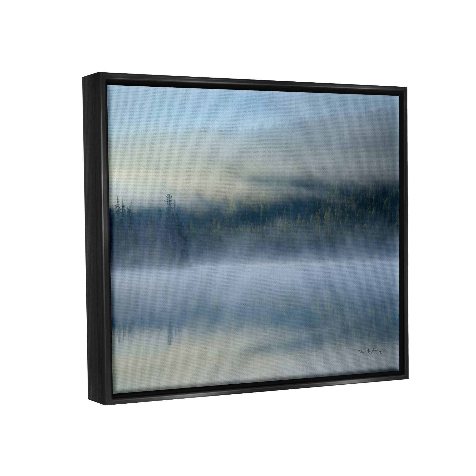 Stupell Industries Foggy Mountain Lake Scenery Nature Photography Black Floater Framed Art Print Wall Art, 21 x 17