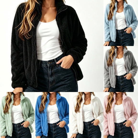 ZUBMGKTE Winter Fleece Jacket for Women 2026 Zipper Stand Collar Casual Coats Winter Outerwear Big & Tall with PocketsM-5XL