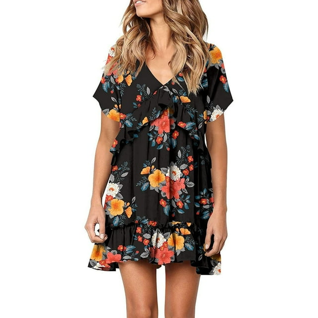 Vestido de playa para mujer, Mini vestidos de manga corta con estampado de colores hawaianos y volantes, vestido veraniego holgado y fluido Fridja qw5256