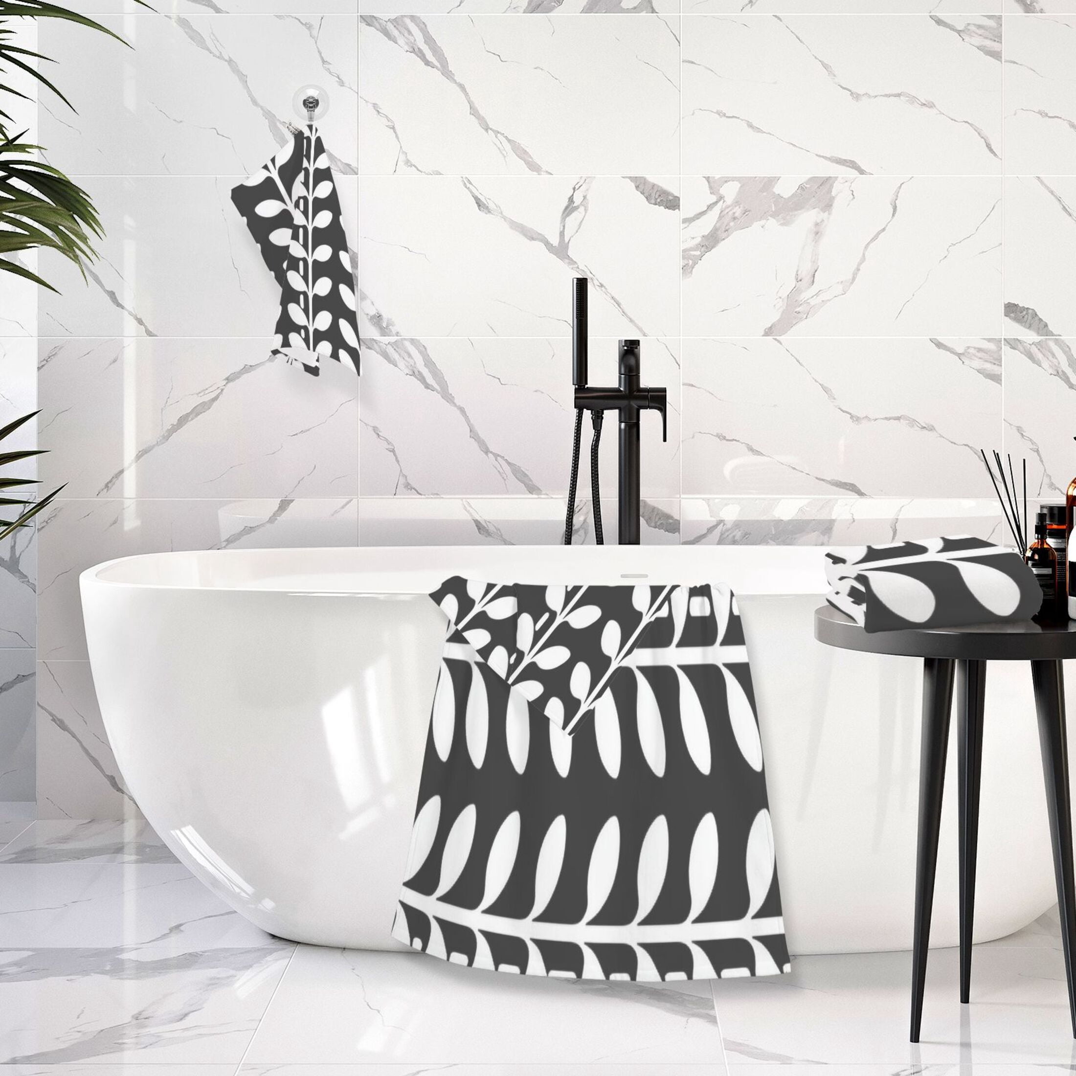 Black and White Leaf Pattern 2 Piece Cotton Bath and Face Towel Set Soft and Absorbent, for Beach Pool Bathroom